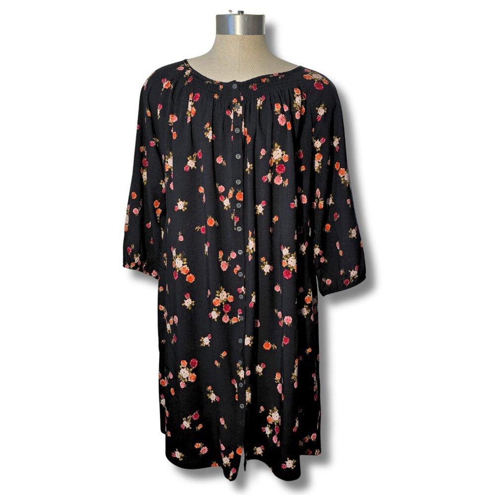 J. Jill 3/4 Sleeve Black Floral Button-Front Shirt Dress 2X - Picture 2 of 10
